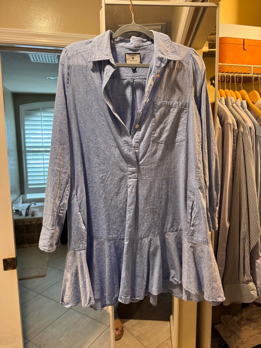 Tuckernuck Light Blue Long-Sleeve Shirt Dress with Ruffled Hem